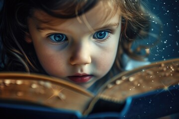 Close up of attractive child reading a book while looking at camera. Elementary student holding fairy tale novel book or bedtime stories with blurring background. Creative activity concept. AIG42. © InfiniteFlow