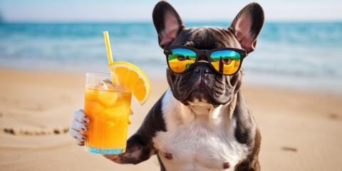 Bulldog wearing sunglasses enjoys a refreshing drink while relaxing on a sunny beach, embodying the perfect summer vibe.