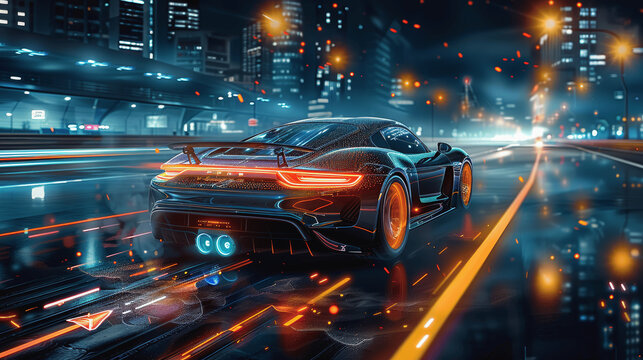 Futuristic Digital Car Racing Game Interface with Holographic Speed Elements on Night City Street High Detail Illustration