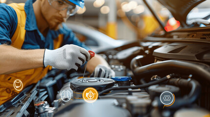 Car Mechanic Checking Engine Oil Level - Auto Maintenance, Repair, Service, Inspection, Quality Assurance
