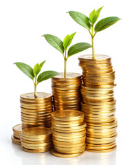 Gold coins and plants seedlings growing on gold coins money growing, isolate on white background, Clipping path