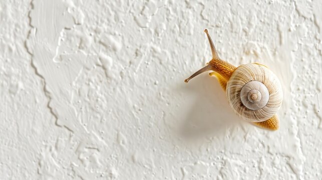 Close-up of a snail slowly moving across a clean white wall, detailed texture of shell and wall, peaceful ambiance