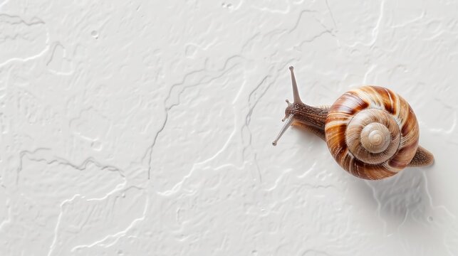 Close-up of a snail slowly moving across a clean white wall, detailed texture of shell and wall, peaceful ambiance