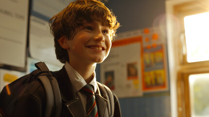 Back to school. A happy cheerful carefree schoolboy with wavy hair in a suit and tie smiles and looks away. He's wearing a backpack and a white shirt