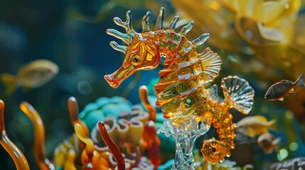 Glass figurine or an artistic representation of a seahorse, with a background depicting the depth...