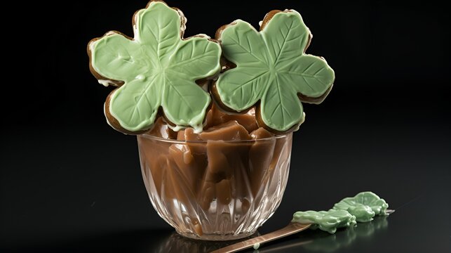A glass filled with green leaves and chocolate