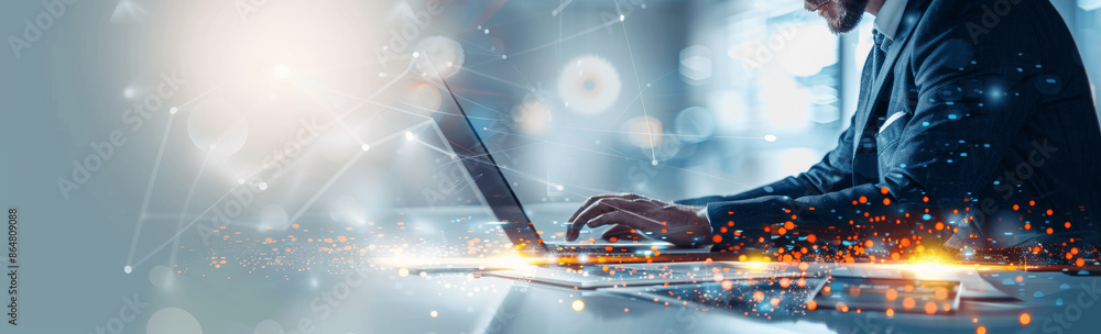 Poster businessman using laptop and tablet synchronizing data with global network online business technolog