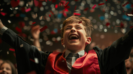 Obraz premium The concept of success and the award of the highest dignity. A little schoolboy is dressed in a school robe and smiling, surrounded by confetti