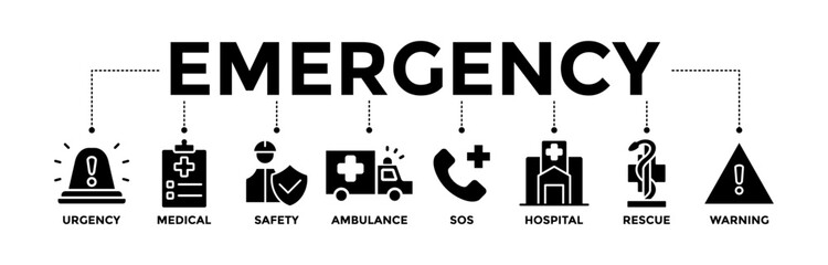 Emergency banner icons set. Vector graphic glyph style with icon of urgency, medical, safety, ambulance, sos, hospital, rescue, and warning	