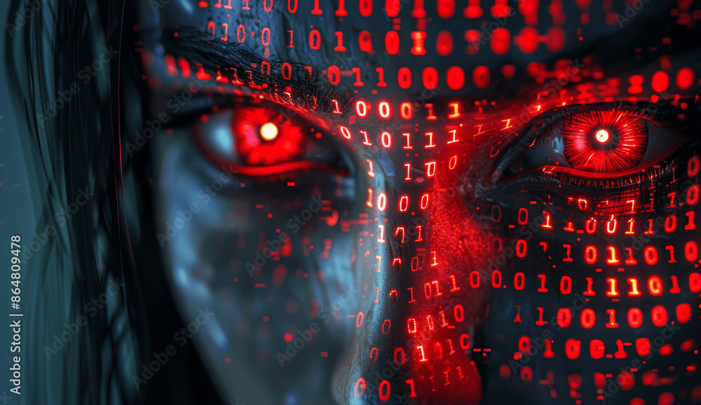 Poster 3d cyberpunk binary code face with red glowing eyes, artificial intelligence, digital threat, self a