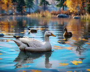 Fototapeta premium Duck swims in tranquil pond, AI Generative.