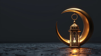 Golden Crescent Moon and Lantern with Candle: A Symbol of Islamic Tradition