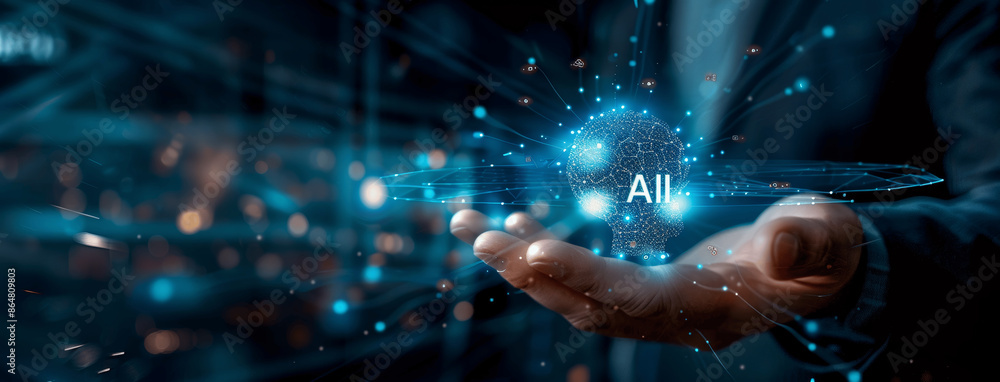 Poster ai technology businessman digital hologram future business deep learning big data machine learning c