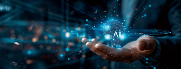 Fototapeta premium AI Technology Businessman Digital Hologram Future Business Deep Learning Big Data Machine Learning Cyber Network Connection Innovation Communication Abstract Concept