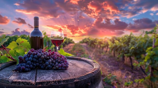 Lush vineyard at sunset, rich clusters of wine grapes, bottle and glass of wine on a rustic wooden table, with a pastel clear sky