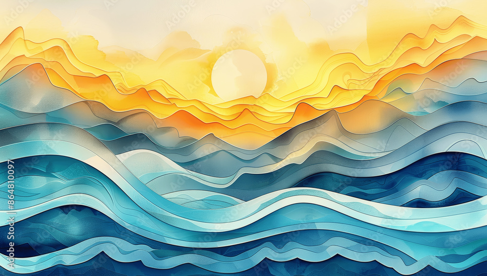 Wall mural Colorful Abstract Wave with Sun and Sky Pastel Watercolor Illustration Happy Summer Background - Wall murals