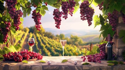 Obraz premium Picturesque vineyard landscape, ripe wine grapes hanging from vines, a wine bottle and glass on a stone table, clear sky backdrop