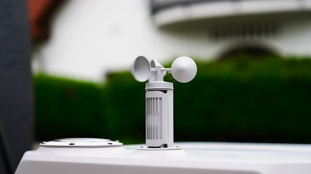 Anemometer measuring device wheel slowly rotate in wind, meteorological station
