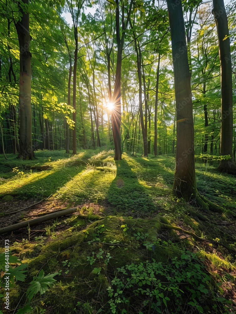Poster sunlight filtering through tall trees in a green forest