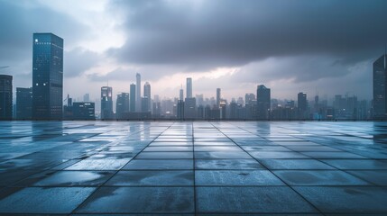 Empty square floor with city skyline background, Contemporary urban square featuring architectural...
