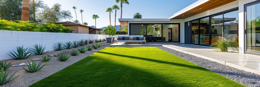Midcentury modern home with artificial turf backyard on Modelina St., near Arizona city park, captured in professional real estate style.