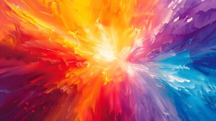 Obraz premium Colorful abstract background explosion of colors with a central burst of bright hues radiating outward, blending into a gradient of complementary colors