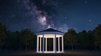 White pavilion in a tranquil forest, under a blanket of stars, creating a peaceful and enchanting night scene