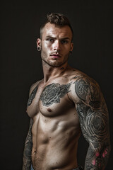 Fototapeta premium Striking portrait of shirtless Hot Young Man against isolated dark background