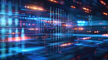 Digital technology background with binary code and data flow icons