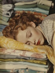 Woman Asleep On Stacked Fabrics