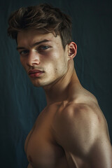 Fototapeta premium Striking portrait of shirtless Hot Young Man against isolated dark background