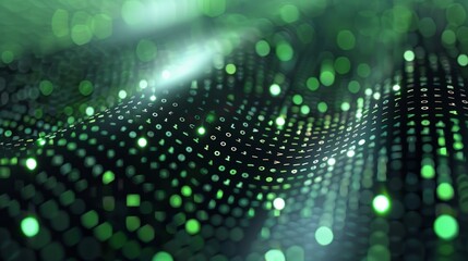 Abstract green and black background with glowing lights and a wave pattern.  Perfect for technology or science themes.
