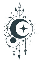 Moon celestial, mystical boho, tatto design vector