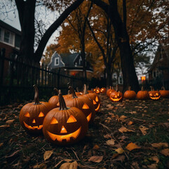Lots of Halloween pumpkins in a dark courtyard