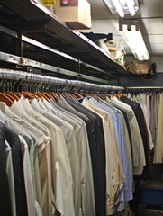 Rows of Cleaned and Pressed Shirts Hanging in a Dry Cleaners