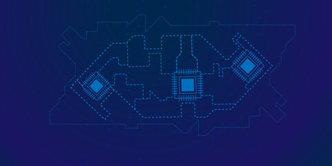 Technology connected blue lines with electronics elements on tech bg. Circuit connected lines and dots on abstract motherboard.