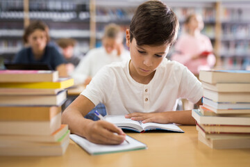 Ten-year-old schoolboy, preparing for lessons in the school library, takes notes in an exercise...