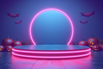 A neon sign with a circle in the middle and a bunch of bats surrounding it