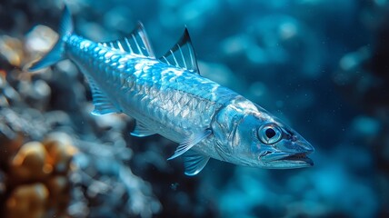 Fototapeta premium Vibrant barracuda fish swimming in deep blue sea