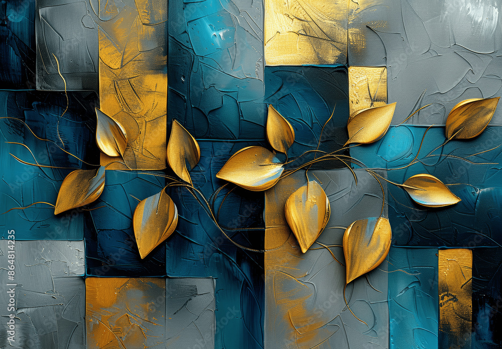 Wall mural abstract canvas with gold and teal leaves on gray background modern artistic interior decor