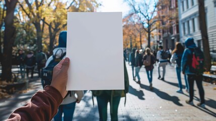 Blank flyer mockup being distributed on a college campus