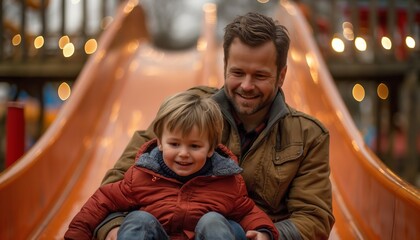 Obraz premium A father shares a joyful slide experience with his young son at a playground. The smile on both their faces captures the delight and warmth of the moment.