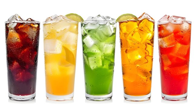 Soft Drinks with Transparent Bottles on Plain White Background