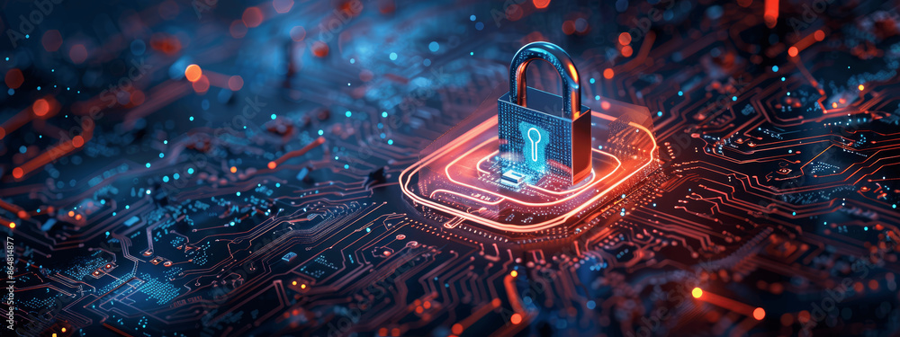 Poster cybersecurity and data protection: high-resolution digital padlock on electronic circuit board repre