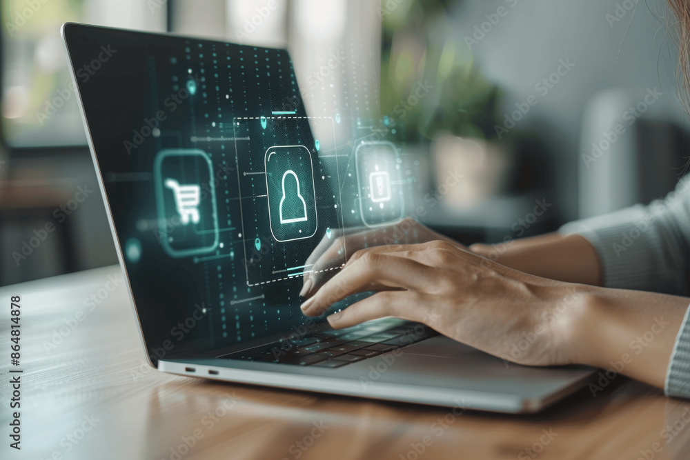 Poster woman using laptop for secure login with digital lock icon cybersecurity and data protection in e-co