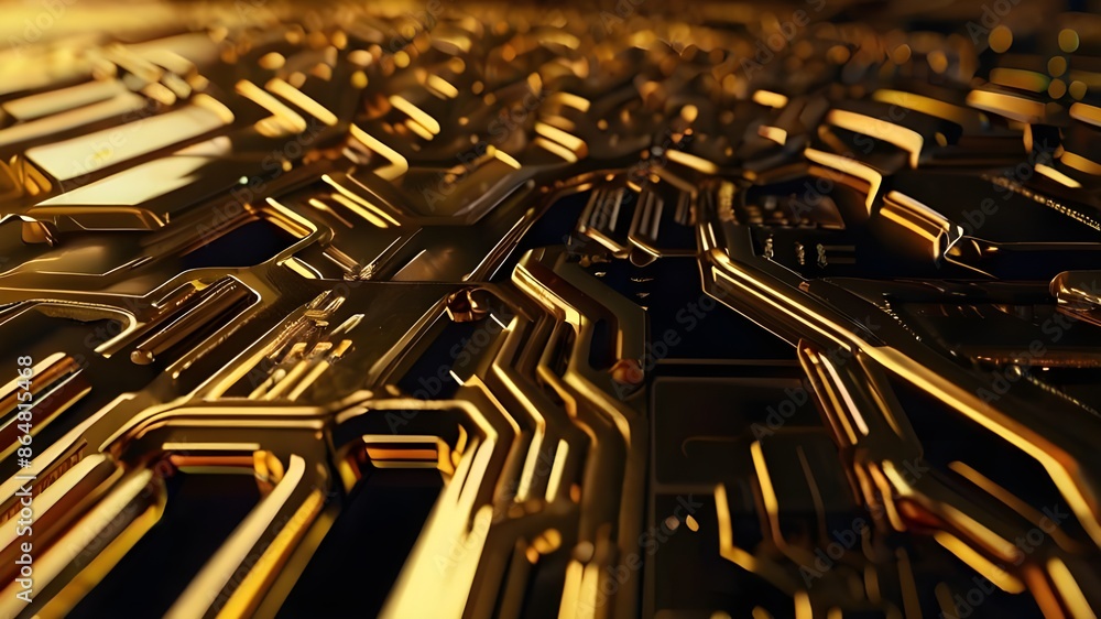 Poster a close-up view of a textured electronic circuit board showcasing intricate patterns, chips, and com