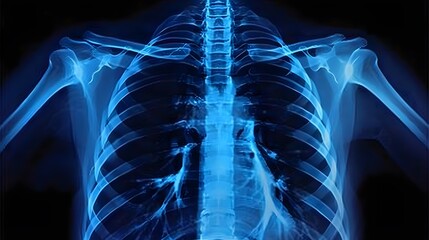 X-Ray of a Chest: X-ray image of a human chest, displaying ribs, lungs, and heart outline. --ar 16:9
