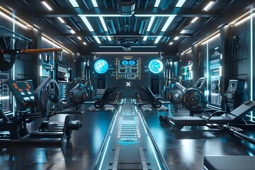 Obraz premium Futuristic Gym Interior with High-Tech Equipment, Neon Lights, and Digital Displays. Concept of Fitness, Technology, and the Future of Exercise.