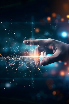 A hand interacts with digital particles and technology elements, representing innovation and futuristic concepts in a dark background.