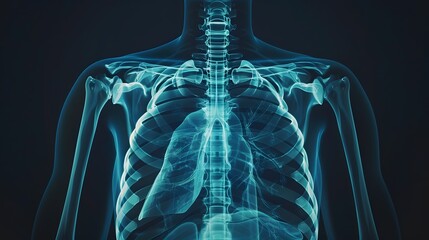 X-Ray of a Chest: X-ray image of a human chest, displaying ribs, lungs, and heart outline. --ar 16:9